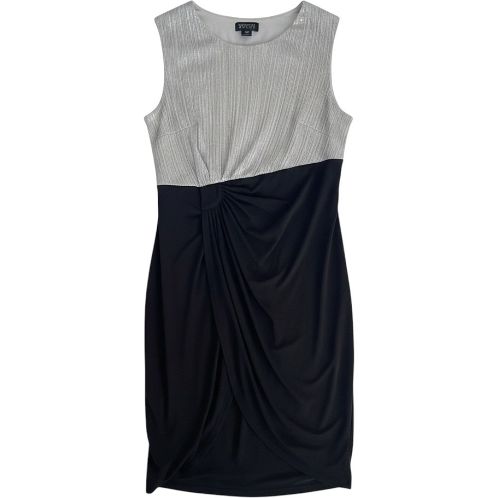 Enfocus Women 18W Silver Black Metallic Pleated Faux Wrap Cocktail Dress 99855N